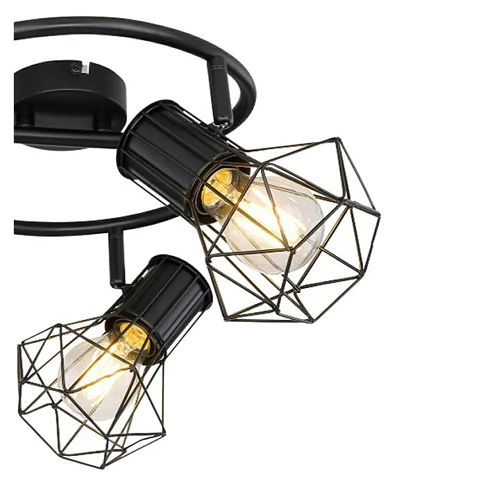 Globo Deckenstrahler - 40 W, Schwarz, E27 - Moderne Deckenleuchte mit schwarzem Metallgestell und zwei Edison-Glühbirnen in geometrischen Drahtkäfigen für stilvolle Beleuchtung.
