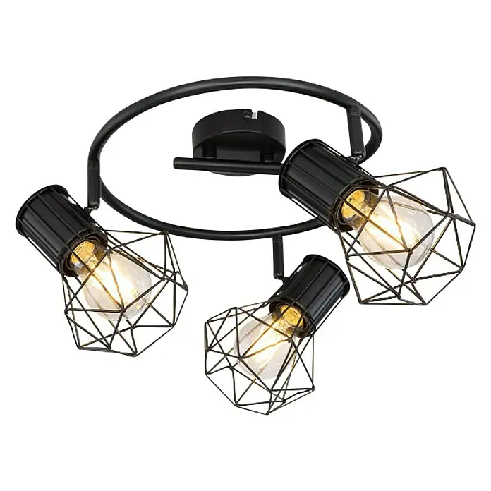 Globo Deckenstrahler - 40 W, Schwarz, E27 - Schwarze Deckenleuchte mit drei geometrischen Lampenschirmen und warmen Glühbirnen für eine moderne Atmosphäre.