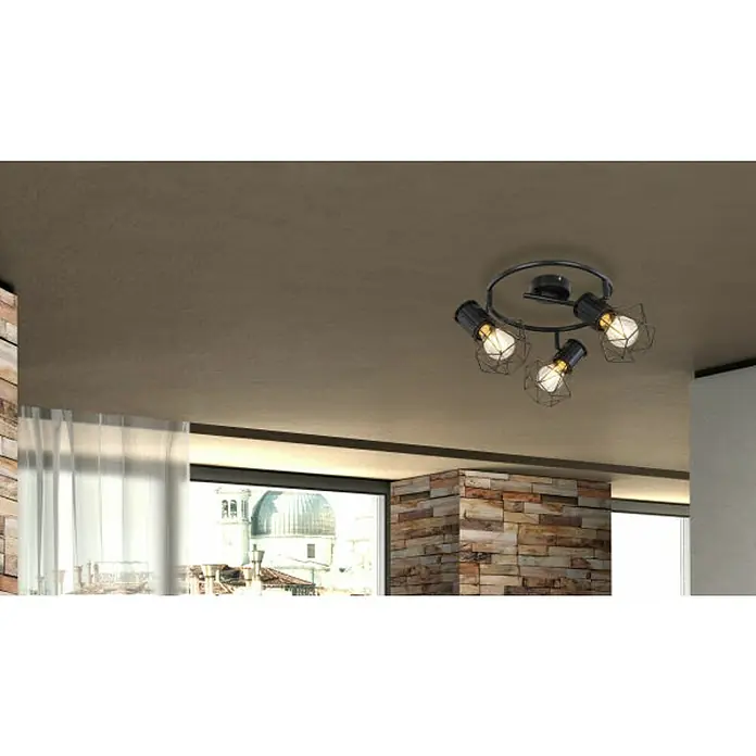 Globo Deckenstrahler - 40 W, Schwarz, E27 - Deckenleuchte mit vier schwarzen Lampenschirmen und filigranen Käfigen, die ein modernes und industrielles Design ausstrahlen.