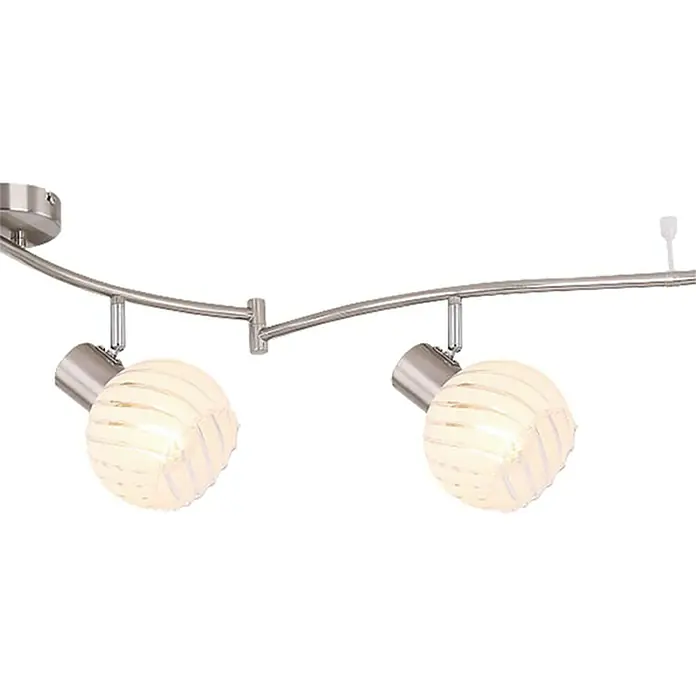 Globo Deckenstrahler Willy - 240 W, L x B x H: 180 x 26 x 20 cm, Nickel matt, E27 - Eine moderne Deckenleuchte mit zwei runden Lampenschirmen und gebogener Metallstruktur, die für stilvolle Beleuchtung sorgt.