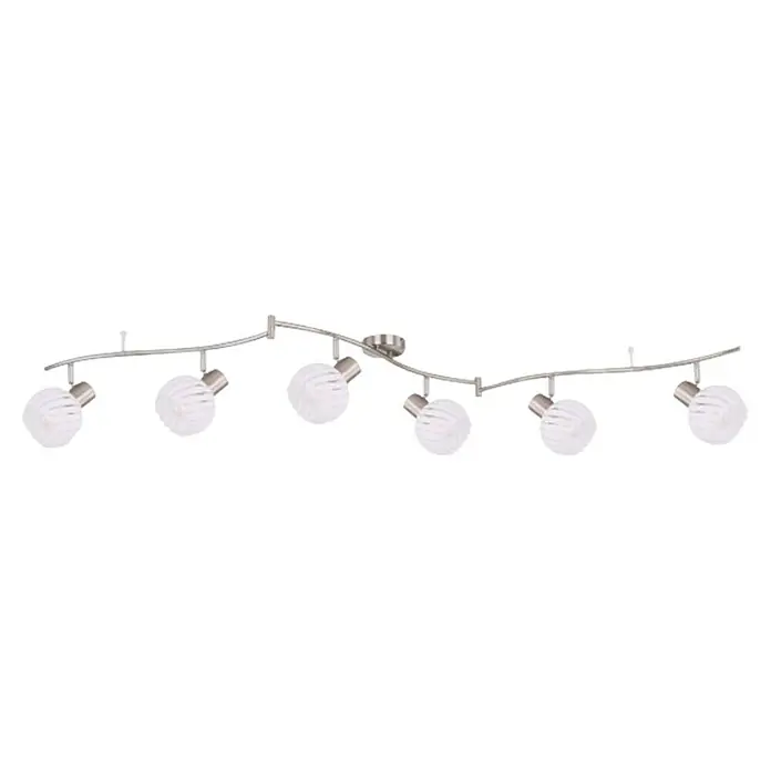 Globo Deckenstrahler Willy - 240 W, L x B x H: 180 x 26 x 20 cm, Nickel matt, E27 - Eine mehrflammige Deckenleuchte mit gebogenen Armen und runden Lampenschirmen aus klarem Glas. Die Leuchte ist in Silber gehalten.
