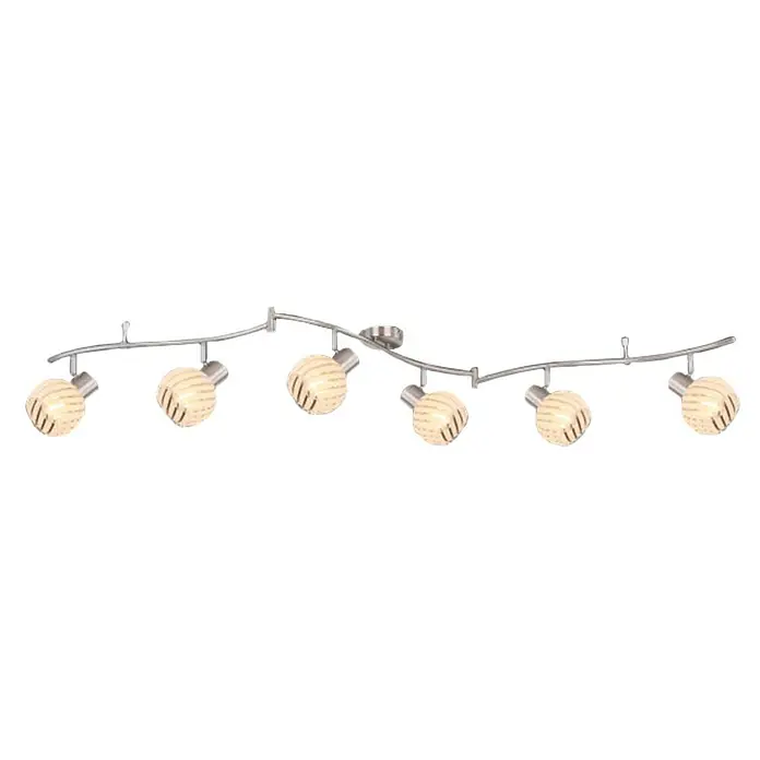 Globo Deckenstrahler Willy - 240 W, L x B x H: 180 x 26 x 20 cm, Nickel matt, E27 - Moderne Deckenleuchte mit sechs strahlenden Kugellampen auf einer eleganten, geschwungenen Chromschiene, ideal für stilvolle Beleuchtung.