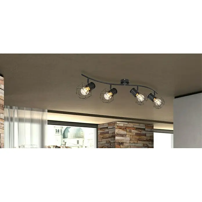 Globo Deckenstrahler - 40 W, L x B x H: 80 x 22,5 x 19 cm, Schwarz, E27 - Stilvolle Deckenleuchte mit vier Strahlern im Industrial-Design. Perfekt für Wohnzimmer und Essbereich mit Drahtkäfigoptik.