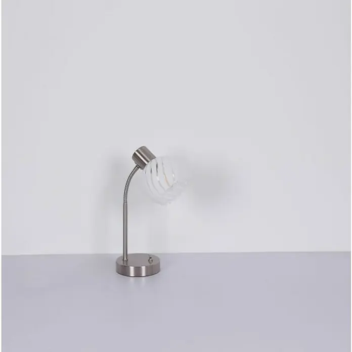 Globo Tischleuchte Willy - 40 W, L x B x H: 24 x 23 x 40 cm, Nickel Matt, E27 - Elegante Schreibtischlampe mit gebogenem Arm und weißem, spiralförmigem Lampenschirm für moderne Beleuchtung.