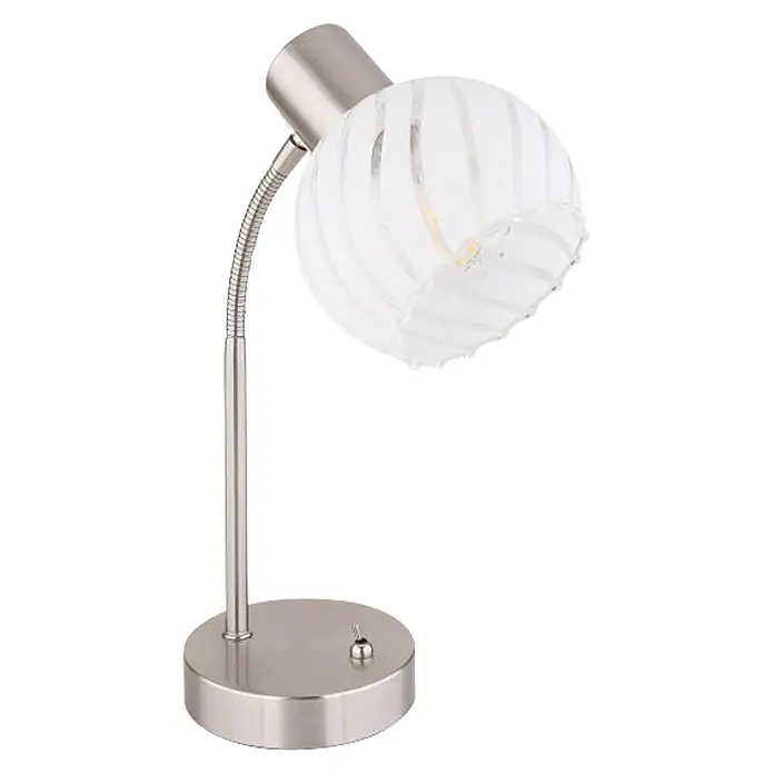 Globo Tischleuchte Willy - 40 W, L x B x H: 24 x 23 x 40 cm, Nickel Matt, E27 - Eine stilvolle Schreibtischlampe mit einem gebogenen Hals und einem runden, gestreiften Lampenschirm, die für eine moderne Beleuchtung sorgt.