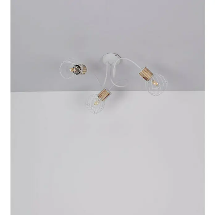 Globo Deckenleuchte Luise - 40 W, Weiß, E27, 3 Stk. - Moderne Deckenleuchte mit drei weißen Drahtschirmen und Holzelementen, die ein stilvolles Ambiente erzeugt.