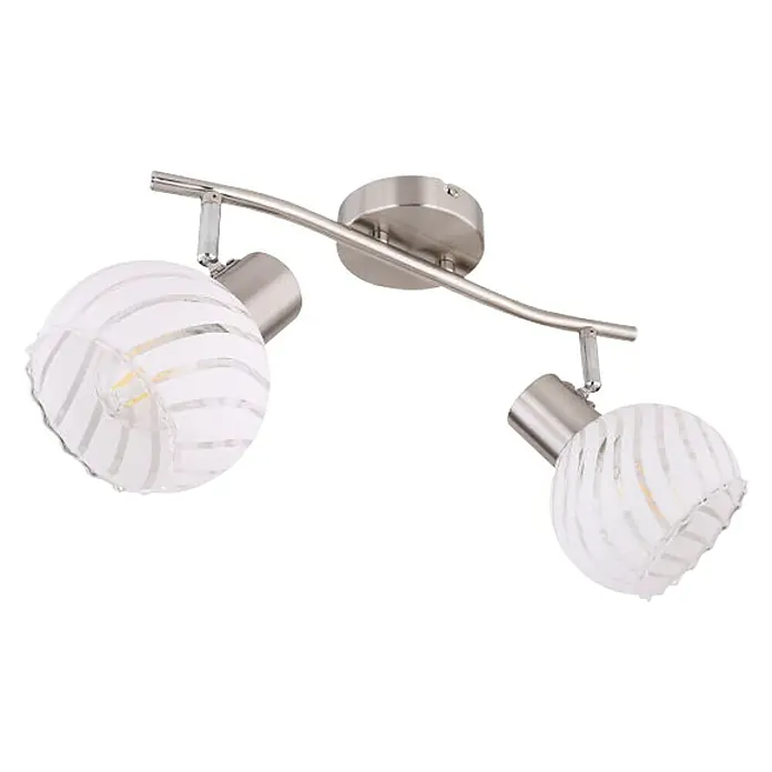 Globo Deckenstrahler Willy - 80 W, L x B x H: 36 cm x 19 cm x 192 mm, Nickel matt, E27 - Moderne Deckenleuchte mit zwei schwenkbaren Strahlern und weißen Glasschirmen mit Streifenmuster für stilvolle Beleuchtung.