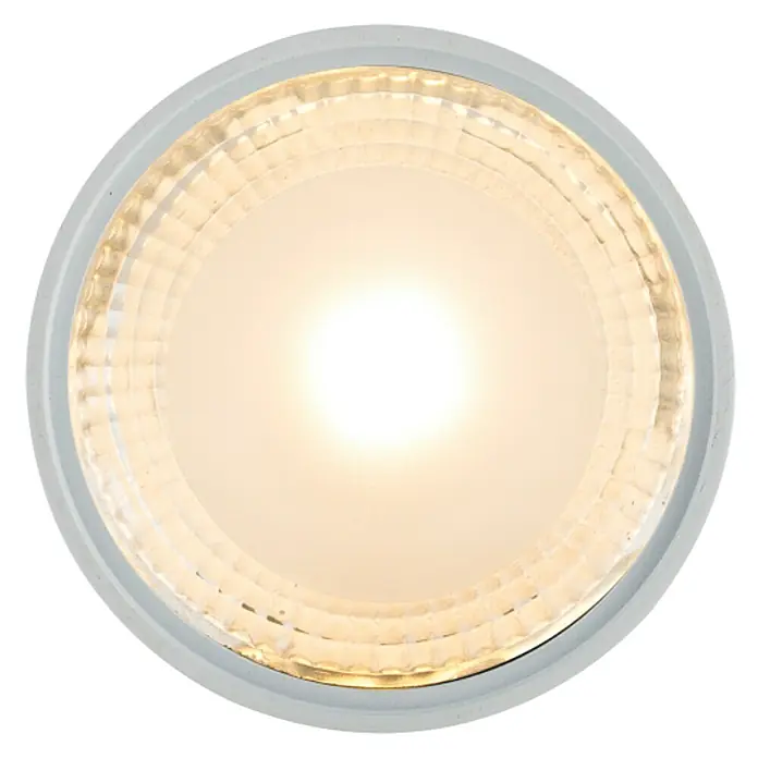Globo LED-Deckenleuchte rund Serena - 12 W, Ø x H: 113 mm x 8 cm, Weiß, Klar, Warmweiß - Nahaufnahme einer LED-Deckenleuchte mit weißem Rahmen, die ein helles, warmes Licht ausstrahlt und eine strukturierte Oberfläche aufweist.