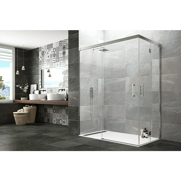 GME Mampara de ducha esquinera Tandem - L x An x Al: 80 x 105 x 195 cm, Vidrio transparente - Esta imagen muestra una mampara de ducha rectangular moderna con paneles de vidrio transparente y herrajes plateados, mejorando un espacio de baño elegante.