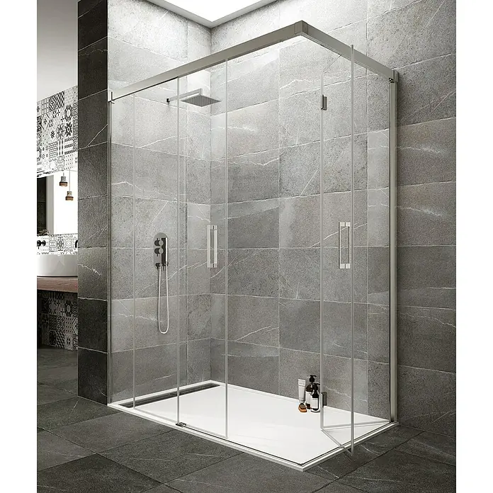 GME Mampara de ducha esquinera Tandem - L x An x Al: 80 x 105 x 195 cm, Vidrio transparente - Elegante cabina de ducha con vidrio claro y diseño moderno. Ideal para baños elegantes con azulejos grises.
