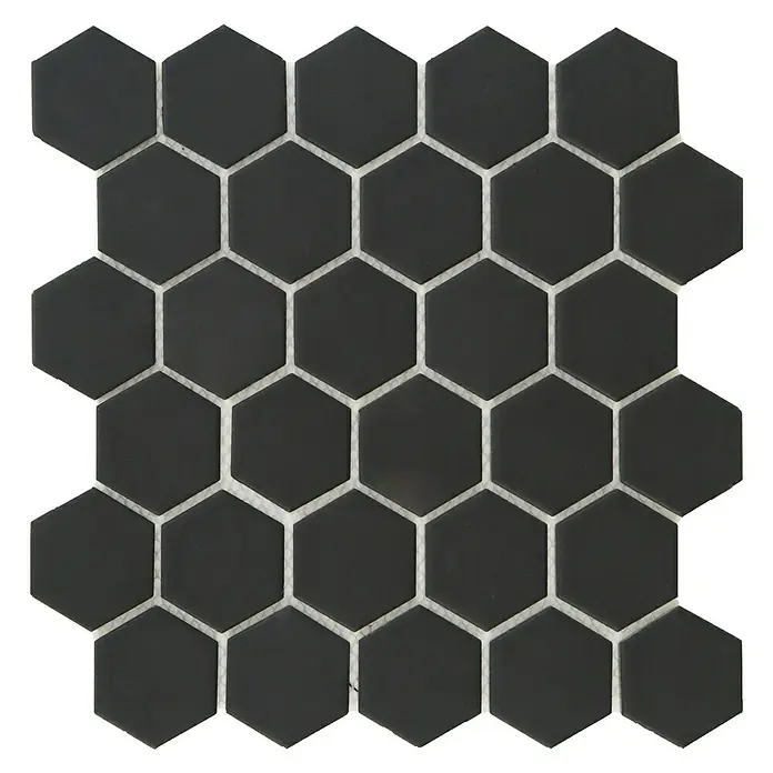 Malla mosaico Hexágono - 27 x 28 cm, Negro, Mate - Patrón de mosaico hexagonal negro para un diseño moderno y elegante, perfecto para suelos y paredes.