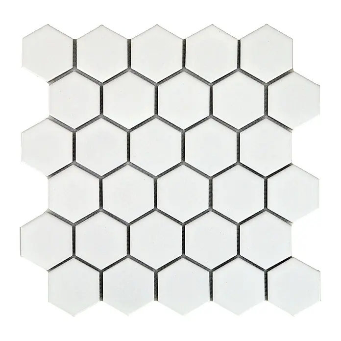 Malla mosaico Hexágono - 27 x 28 cm, Blanco, Mate - Azulejos de mosaico hexagonales blancos para toques elegantes en cualquier habitación, ideal para salpicaderos de cocina y baños.
