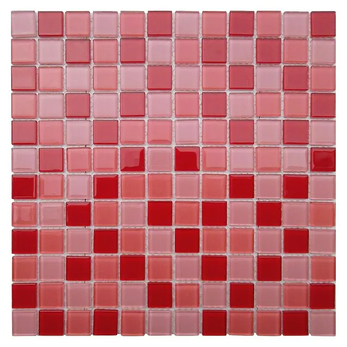 Malla mosaico Murano - 30 x 30 cm, Rojo, Brillante - Mosaico cuadrado de pequeñas baldosas de vidrio rojas y rosas, ideal para baños y cocinas.