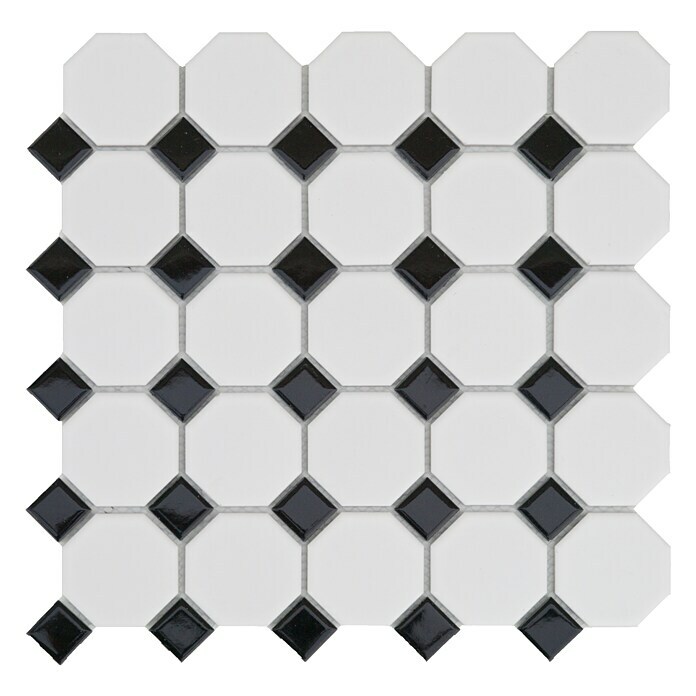 BHS Showroom Baldosa de mosaico Octógono (30 x 30 cm, Blanco/Negro)