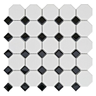 Malla mosaico Octógono (30 x 30 cm, Blanco/Negro, Mate)