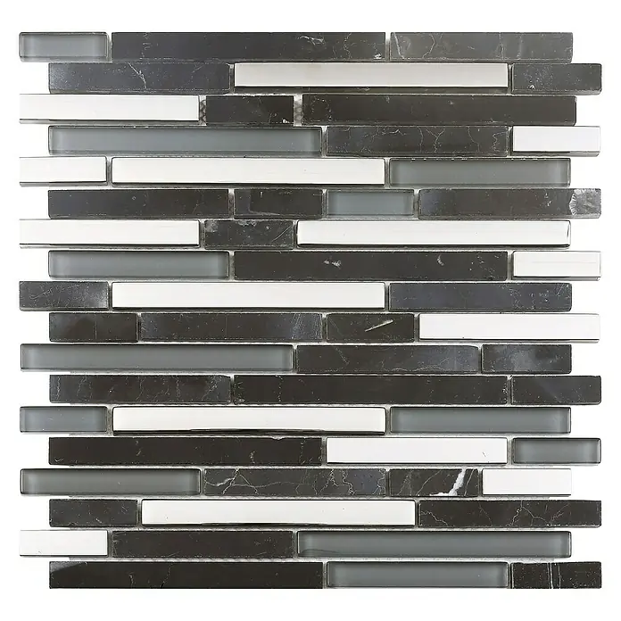 Malla mosaico Osaka - 30 x 30 cm, Negro, Resplandeciente - Diseño de baldosas de mosaico con piezas rectangulares largas en tonos grises, blancos y negros, ideal para revestimientos de paredes modernos y acentos elegantes.