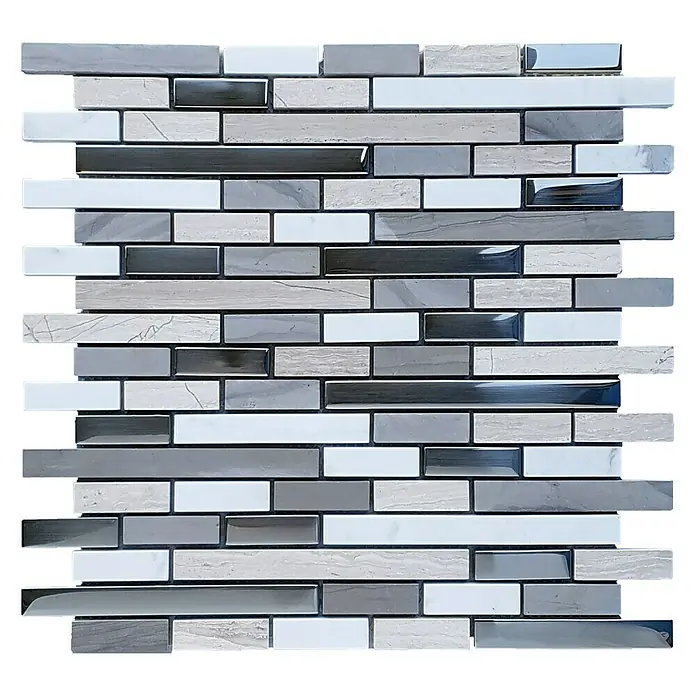 Malla mosaico Osaka - 30 x 30 cm, Gris, Resplandeciente - Azulejos de mosaico en tonos grises, blancos y plateados para revestimientos de paredes y suelos, ideales para interiores modernos. La disposición irregular crea un aspecto dinámico.