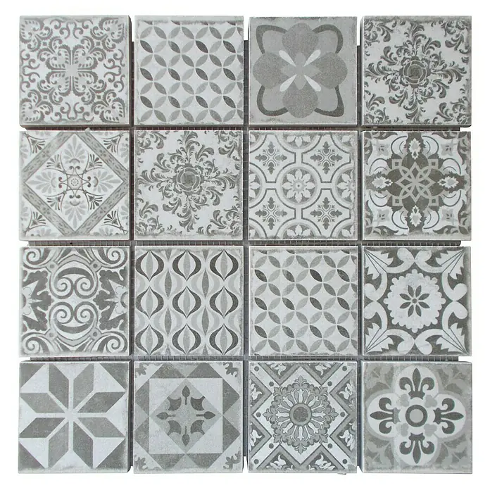 Malla mosaico Antic - 29 x 29 cm, Gris, Mate - Un mosaico de dieciséis baldosas decorativas con varios patrones grises para revestimientos de paredes y suelos con estilo.