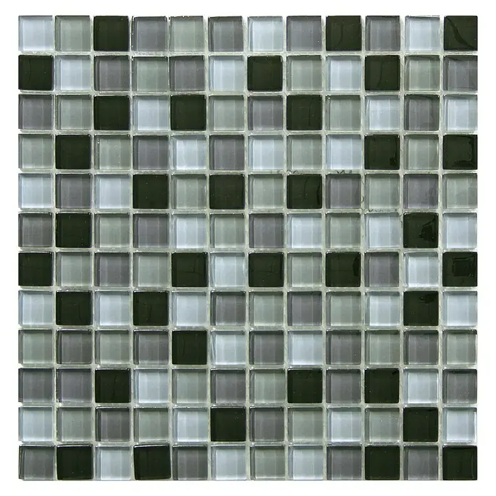 Malla mosaico Murano - 30 x 30 cm, Negro, Brillante - Azulejos de mosaico: Primer plano de un patrón de azulejos de mosaico con azulejos cuadrados en tonos de gris, negro y blanco.