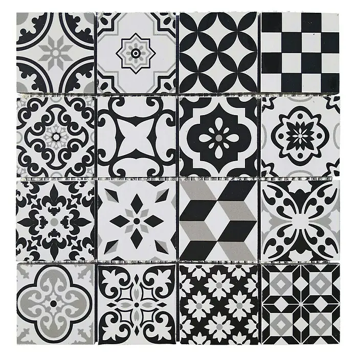 Malla mosaico Arles - 29 x 29 cm, Negro/blanco, Mate - Baldosas de cemento en blanco y negro con diversos patrones geométricos y florales para diseños de paredes y pisos elegantes.