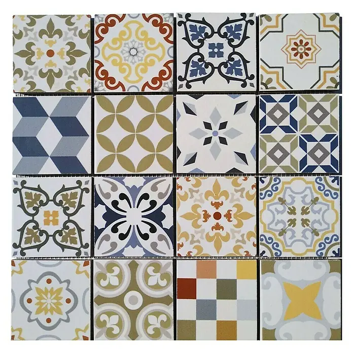 Malla mosaico Arles - 29 x 29 cm, Multicolor, Mate - Colección de azulejos diversa con dieciséis patrones cuadrados en varios colores y diseños, ideal para arreglos creativos de paredes o pisos.