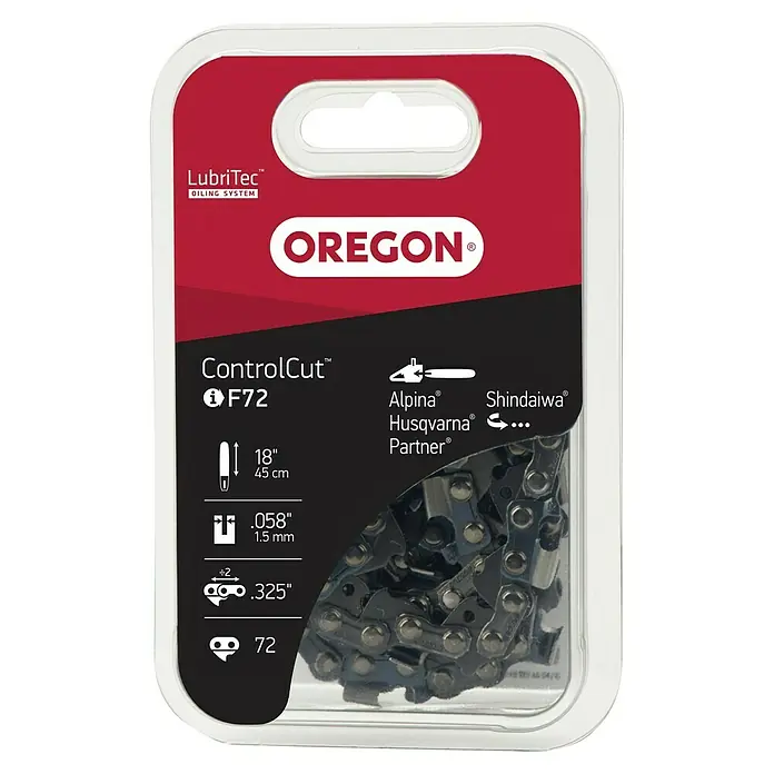Oregon Sägekette - Schnittlänge: 45 cm, Nutbreite: 1,5 mm - Nahaufnahme der Verpackung einer Oregon ControlCut™ F72 Kettensägekette, 45 cm lang und passend für Alpina, Husqvarna und Partner.