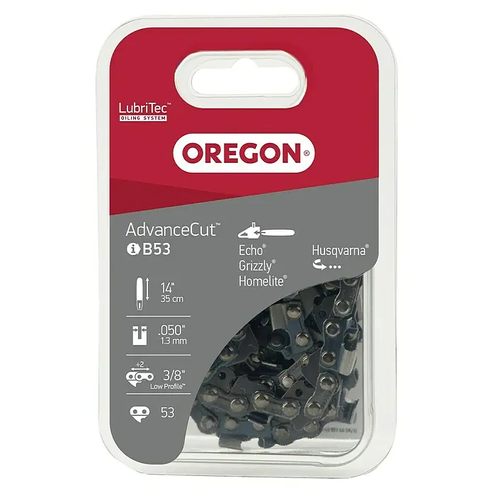 Oregon Sägekette - Schnittlänge: 35 cm, Anzahl Treibglieder: 53 Stk., Nutbreite: 1,3 mm - Oregon AdvanceCut™ B53 Sägekette, 35 cm lang. Geeignet für Echo, Grizzly & Husqvarna, mit LubriTec™ Ölsystem für optimale Schmierung.