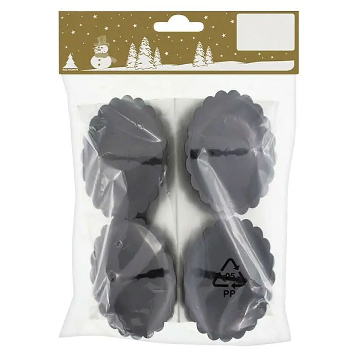 Dekoartikel Kerzenhalter Blume Schwarz - Schwarz, Metall, 4 Stk. - Verpackung mit vier schwarzen, geriffelten Förmchen aus Polypropylen (PP) für Muffins oder Cupcakes, ideal zum Backen in der Weihnachtszeit.