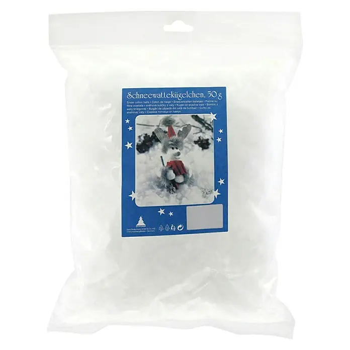 Dekoelement Schneekügelchen - Weiß, Kunststoff - Schneewatte-Kügelchen 50g: Eine Packung mit kleinen, weißen Schneewatte-Kügelchen, ideal für Winterdekorationen und Bastelarbeiten.