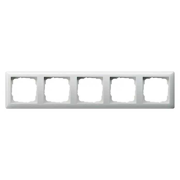 Gira Standard 55 Abdeckrahmen 021503 - Reinweiß glänzend, 5-fach, Kunststoff, Vertikal - Eine fünffache, rechteckige, flache, weiße Wandplatte mit fünf quadratischen Aussparungen für Schalter oder Steckdosen.