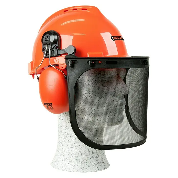 Oregon Schutzhelm - Orange, Verstellbereich: 52 cm - 62 cm - Nahaufnahme des Oregon Forstschutzhelm-Sets, bestehend aus Helm, Visier und Kapselgehörschutz.
