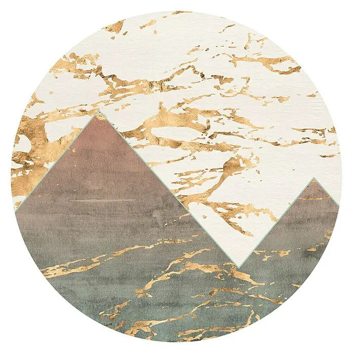 Komar Dots Fototapete rund Precious Peaks - 125 cm, Selbstklebend - Abstrakte Berglandschaft Tapete, mit erdfarbenen Dreiecken und goldenen Akzenten auf beigem Hintergrund, für eine stilvolle Wanddekoration.