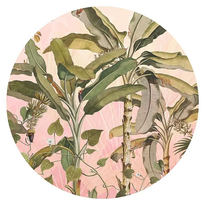 Komar Dots Fototapete rund Botany - 125 cm, Selbstklebend - Tropisches Wandbild mit Bananenstauden und üppigem Blattwerk, ideal für eine exotische Atmosphäre im Raum.