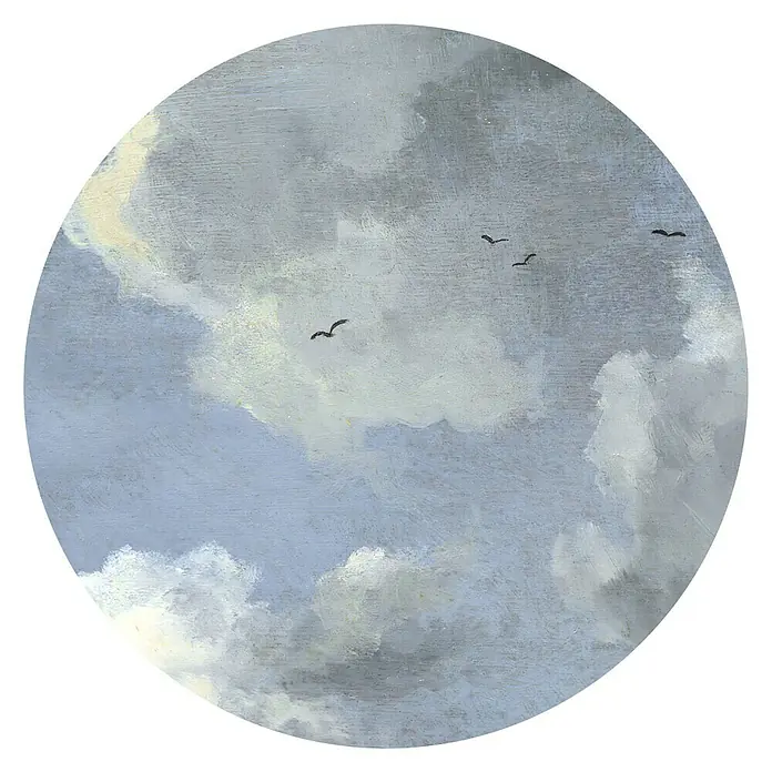 Komar Dots Fototapete rund Simply Sky - 125 cm, Selbstklebend - Eine stimmungsvolle Illustration des bewölkten Himmels, eingefangen in einer runden Leinwand, akzentuiert durch zarte Vogelsilhouetten.