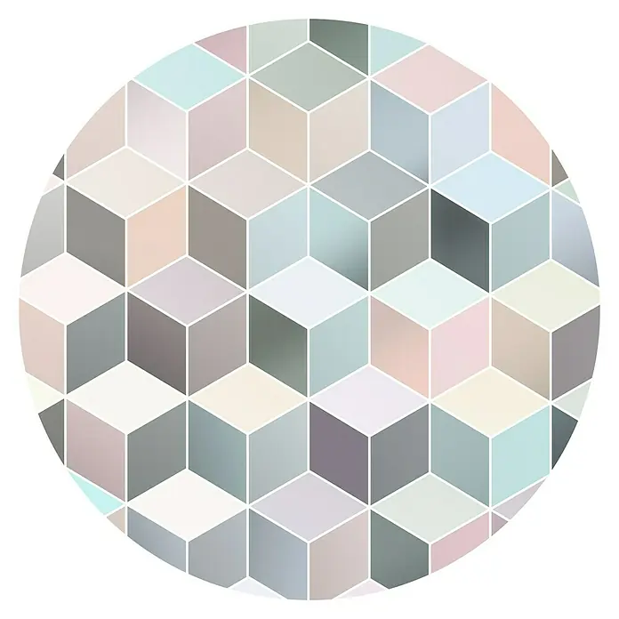 Komar Dots Fototapete rund Pastel Deluxe - 125 cm, Selbstklebend - Ein runder Teppich mit einem geometrischen Würfelmuster in sanften Pastelltönen, ideal für moderne Wohnräume.