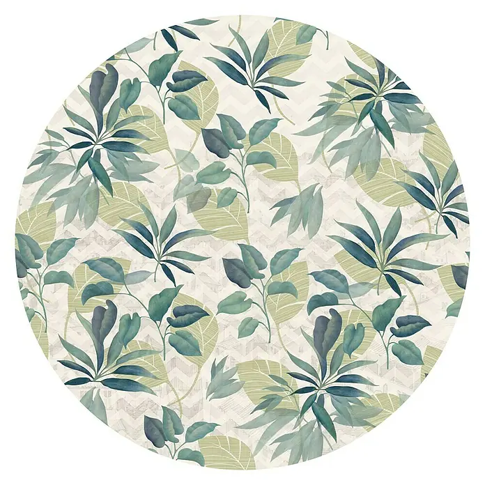Komar Dots Fototapete rund Leni - 125 cm, Selbstklebend - Runder Teppich mit einem botanischen Muster aus grünen und blauen Blättern, ideal für einen Hauch von Natur im Innenbereich.
