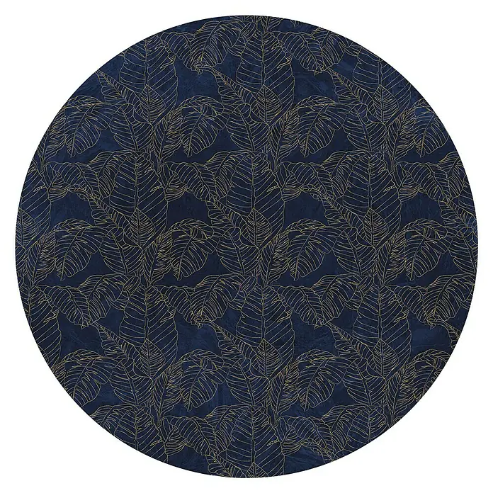 Komar Dots Fototapete rund Royal Blue - 125 cm, Selbstklebend - Runde blaue Teppichmatte mit goldenem Bananenblattmuster für ein exotisches Ambiente in Ihrem Zuhause. Perfekt für Wohn- und Schlafzimmer.