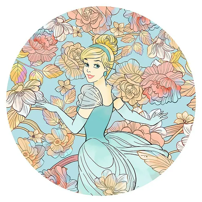 Komar Dots Fototapete rund Cinderella Pastel Dreams - 125 cm, Selbstklebend - Märchenhafte Cinderella mit blondem Haar und blauem Kleid, umgeben von Blumen, ein bezauberndes Design.