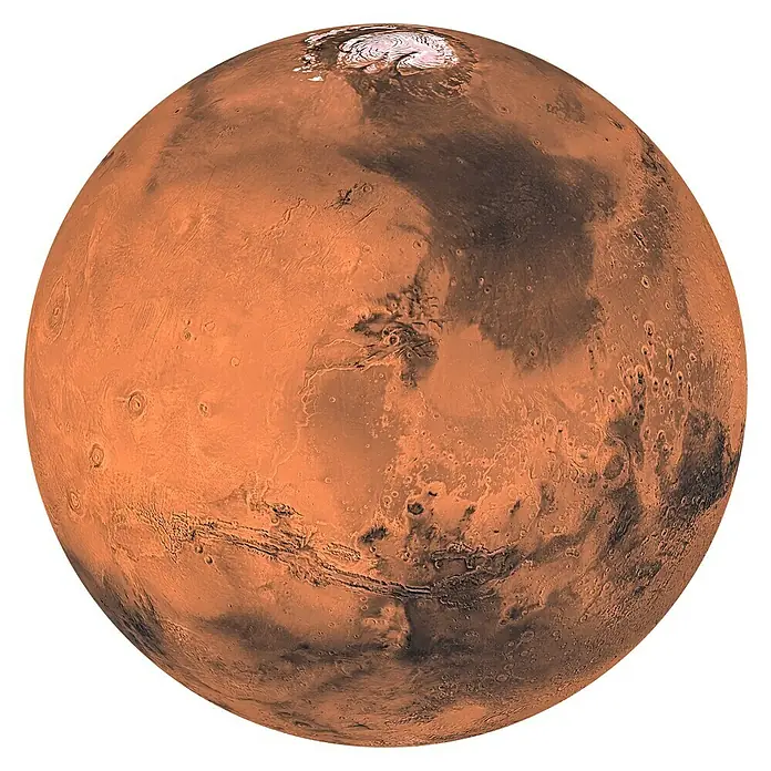 Komar Dots Fototapete rund Mars - 125 cm, Selbstklebend - Eine detaillierte Aufnahme des Mars, die seine rote Oberfläche und atmosphärischen Merkmale hervorhebt.