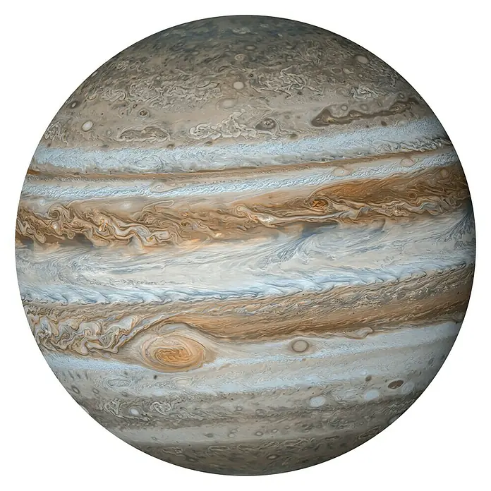 Komar Dots Fototapete rund Jupiter - 125 cm, Selbstklebend - Aufnahme des Jupiter. Detailreiche Ansicht mit seinen charakteristischen Wolkenbändern und dem ikonischen Großen Roten Fleck.