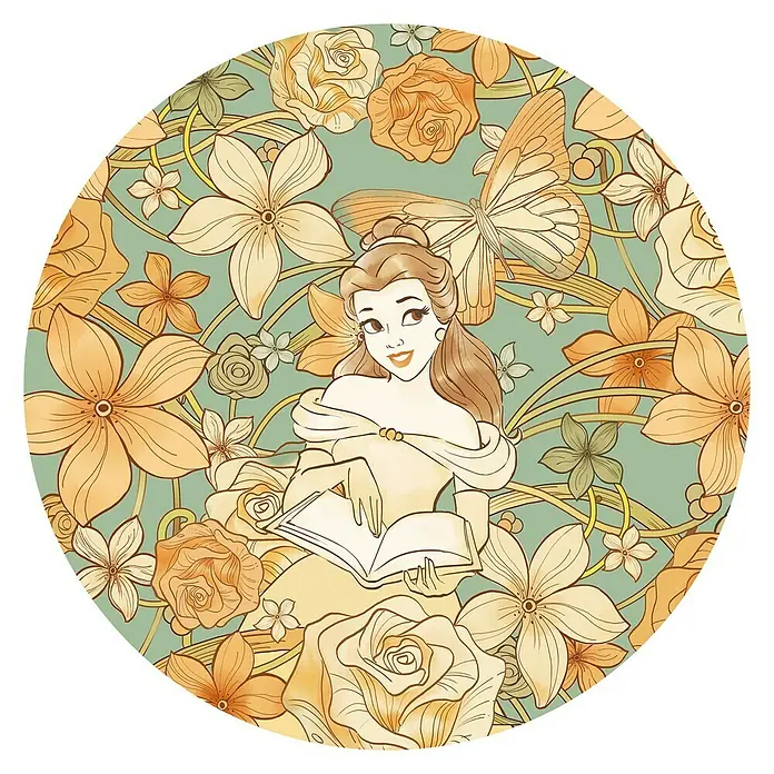 Komar Dots Fototapete rund Belle Spirit of Autumn - 125 cm, Selbstklebend - Illustration im Jugendstil von Belle aus Die Schöne und das Biest, die ein Buch inmitten von Rosen und floralen Elementen hält.