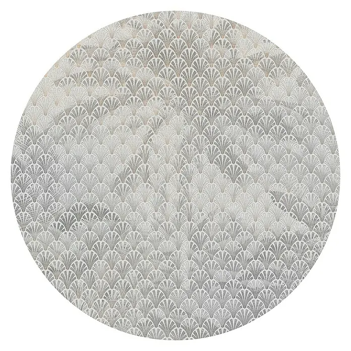 Komar Dots Fototapete rund Palma - 125 cm, Selbstklebend - Ein runder Teppich mit einem stilvollen, sich wiederholenden Fächer-Muster in sanften Grau- und Beigetönen für eine elegante Raumgestaltung.