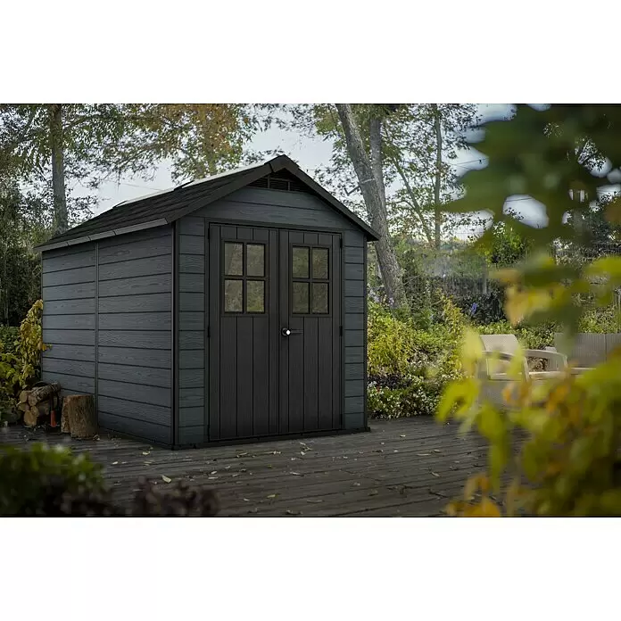 Keter Gerätehaus Newton 7511 - Außenmaß inkl. Dachüberstand (B x T): 228 x 350 cm, Kunststoff, Schiefergrau, 7,98 m² - Stimmungsaufnahme