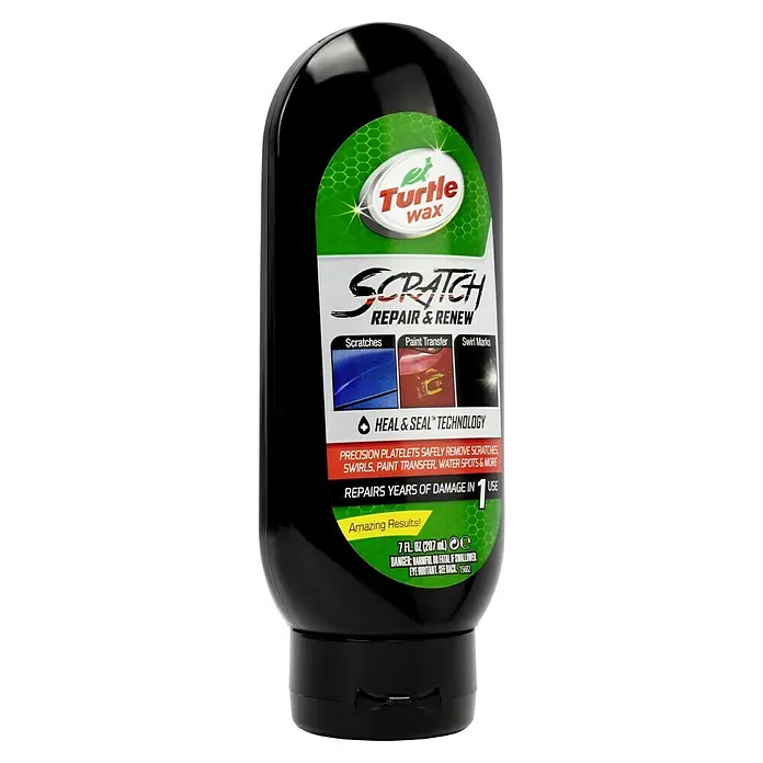 Turtle Wax Reparador de arañazos - 200 ml - Imagen de una botella de Turtle Wax Scratch Repair & Renew, un producto diseñado para eliminar arañazos y renovar la pintura de los coches.