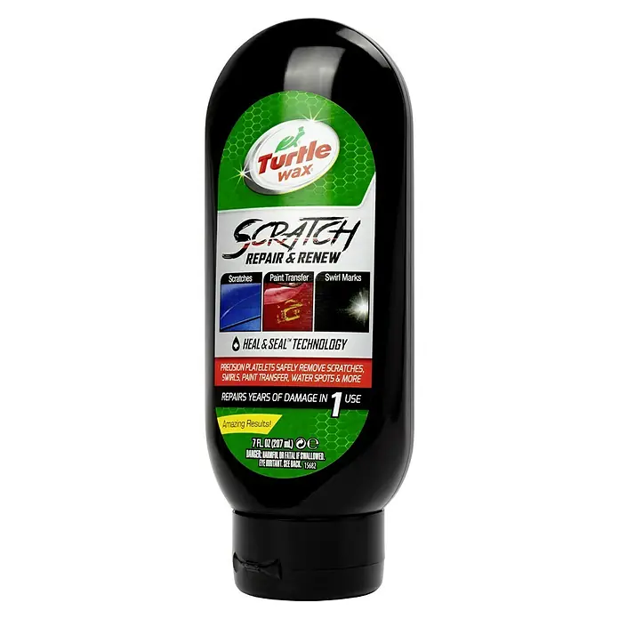 Turtle Wax Reparador de arañazos - 200 ml - Imagen del producto: Turtle Wax Scratch Repair & Renew, un pulimento para la reparación de arañazos y la restauración de la pintura para coches, en una botella negra.