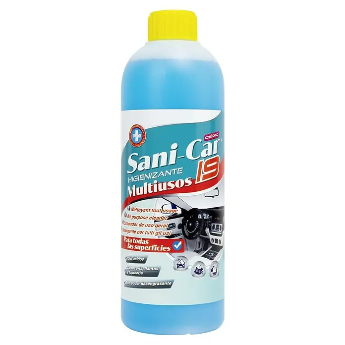 Limpiador multiusos kit Sani-Car - 4 pzs. - Imagen del producto de una botella de Sani-Car, un limpiador versátil para coches conocido por su gran poder desengrasante y ser sin ácidos.