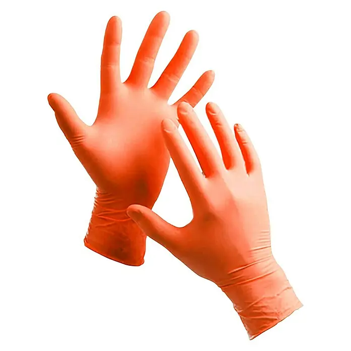 Limpiador multiusos kit Sani-Car - 4 pzs. - Imagen de dos guantes protectores naranjas. Ideales para entornos médicos o industriales, ofrecen protección.