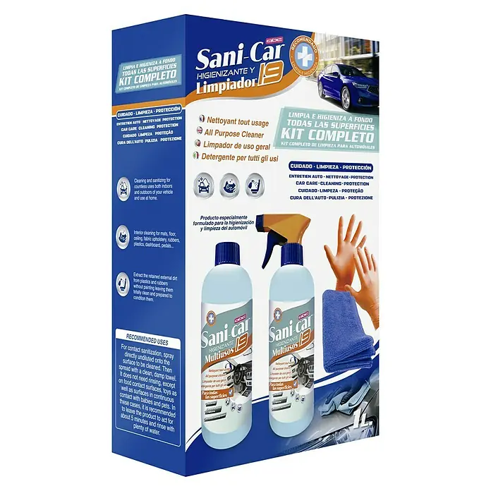 Limpiador multiusos kit Sani-Car - 4 pzs. - Imagen de un kit de limpieza Sani-Car diseñado para el cuidado integral del automóvil, con productos de limpieza e higienización.