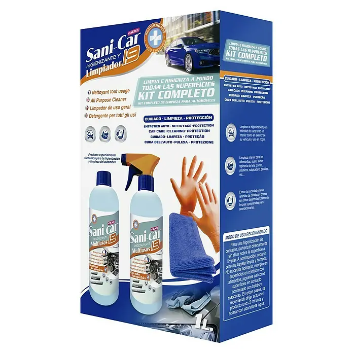 Limpiador multiusos kit Sani-Car - 4 pzs. - Kit de limpieza completo Sani-Car para coches. Incluye limpiador, sprays, guantes y una bayeta de microfibra para la limpieza del coche.