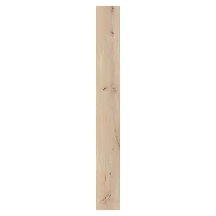 Parkett - Eiche Helgoland, Landhausdiele, 2.130 x 190 x 14,2 mm - Detailaufnahme einer einzelnen Holzdiele in hellen Farbtönen mit einer sichtbaren Maserung und Astlöchern für rustikalen Charme.
